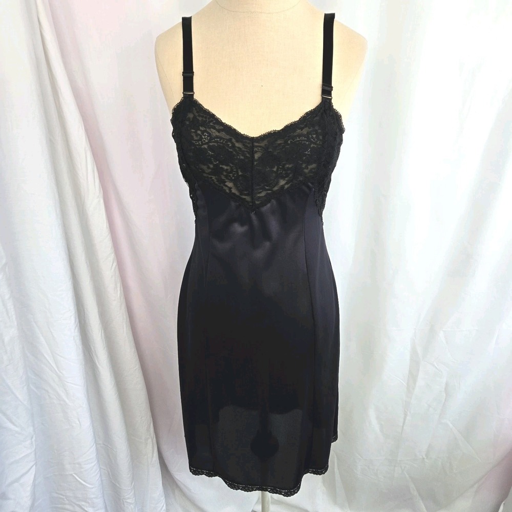 Wondermaid Vtg Full Slip Dress Nightgown Size 34 XS Black Nyon Lace Bodice USA